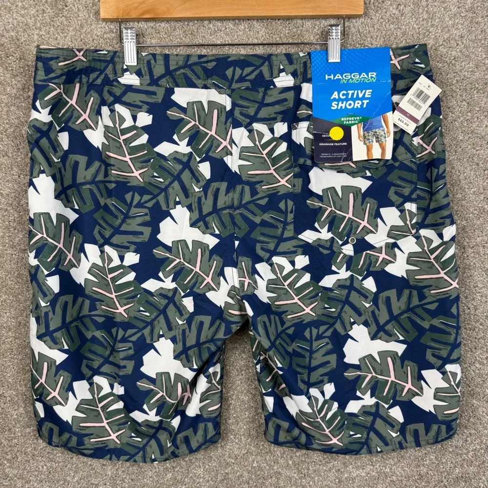 Haggar‎ In Motion Mens Active Short XL 40/42 Tropical Monstera Navy Green NEW